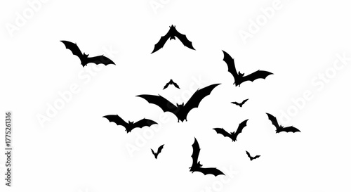 A Spooky Flock of Silhouetted Bats Flying in a Swarm Against a White Background Evoking Halloween Night