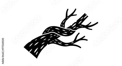 A stylized black and white illustration of a twisted tree branch