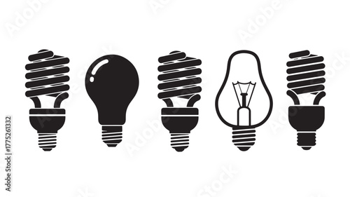 Various light bulb designs in a row on transparent background silhouette
