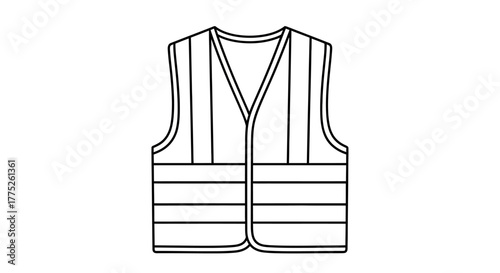 A simple black and white line art illustration of a high-visibility safety vest with reflective stripes.