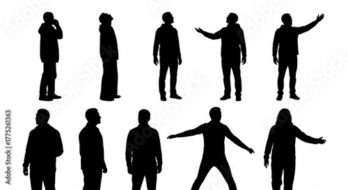 Collection of Diverse Human Silhouettes Displaying Various Poses and Gestures Against a White Background