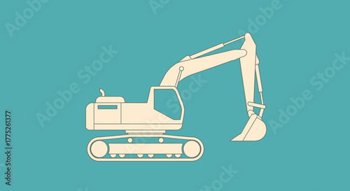 A minimalist illustration of a cream-colored excavator with a bucket, set against a teal background.