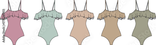 A pastel color palette collection of women's one-piece swimsuits with a ruffle detail. Flat technical fashion sketch for apparel design