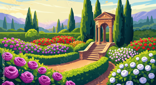 Idyllic Italian Garden with Blooming Roses, Cypress Trees, and a Classical Gazebo, Capturing Serene Landscape Beauty