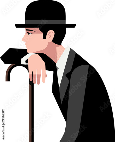 A man in a classic suit and a bowler hat is leaning on a cane. The illustration expresses thoughtfulness, anticipation, and nostalgia. It has a minimalist retro style.