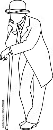 A man in a classic suit and a bowler hat is leaning on a cane. The illustration expresses thoughtfulness, anticipation, and nostalgia. It has a minimalist retro style.