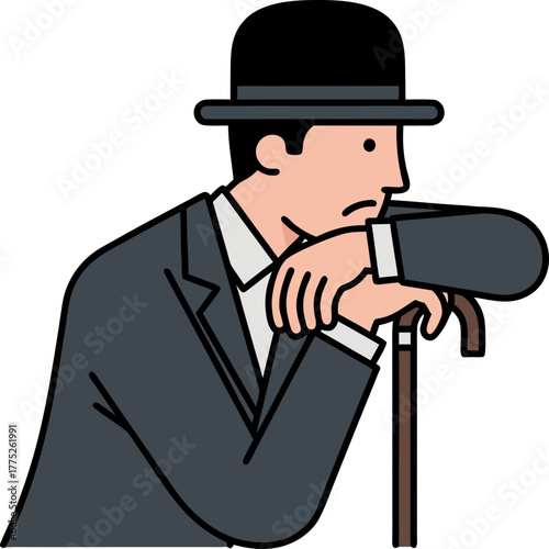 A man in a classic suit and a bowler hat is leaning on a cane. The illustration expresses thoughtfulness, anticipation, and nostalgia. It has a minimalist retro style.