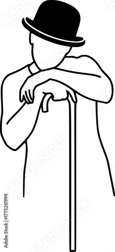 A man in a classic suit and a bowler hat is leaning on a cane. The illustration expresses thoughtfulness, anticipation, and nostalgia. It has a minimalist retro style.