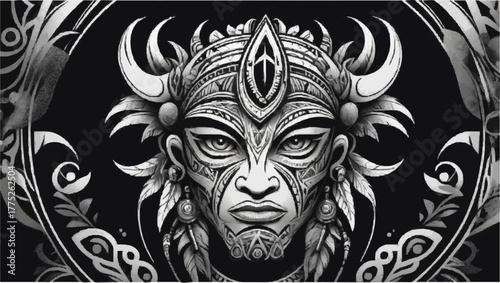 Tribal mask tattoo vector illustration with skull, lion, and dragon design elements for warrior art