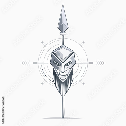 Geometric spearhead design with compass and arrows, artistic concept.