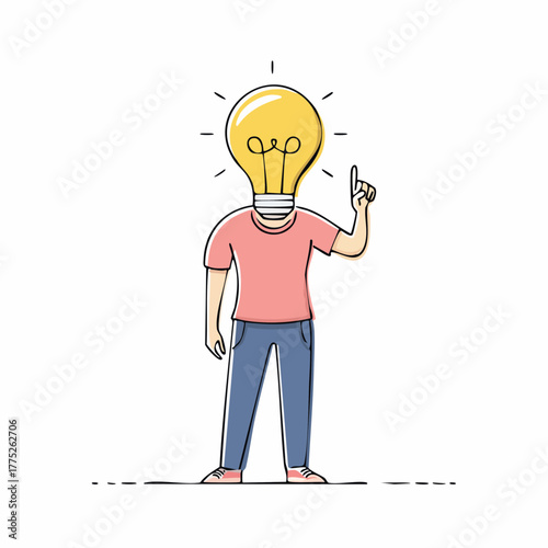 Person with a lightbulb head pointing upwards.