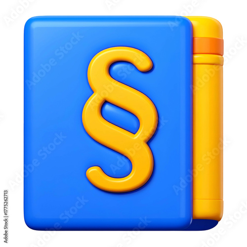 3D stylized book, blue cover with golden paragraph symbol, yellow spine