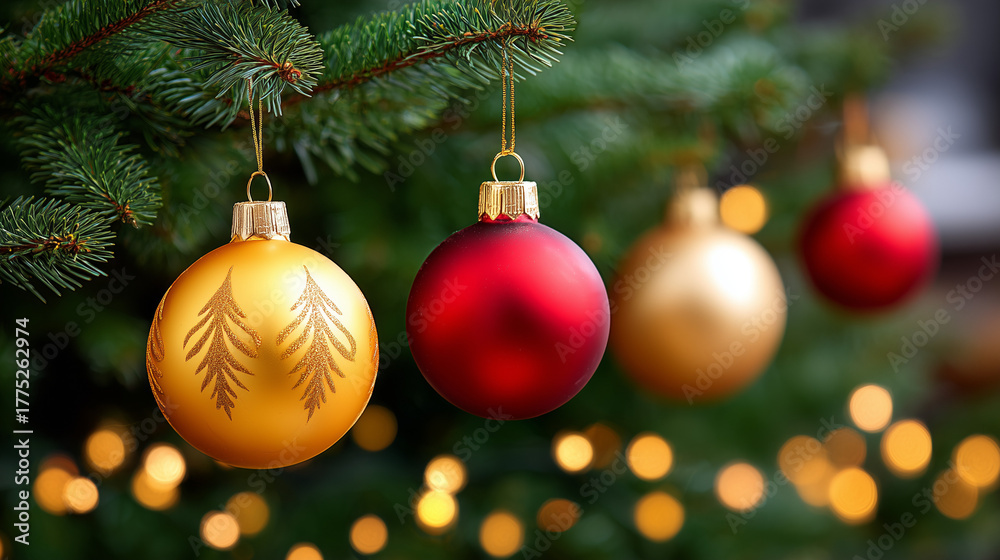 Fototapeta premium Gold and red christmas ornaments on festive tree. close up christmas baubles with holiday lights