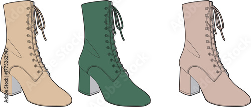Vector illustration collection of classic Victorian-style heeled boots in multiple colors isolated on a white background