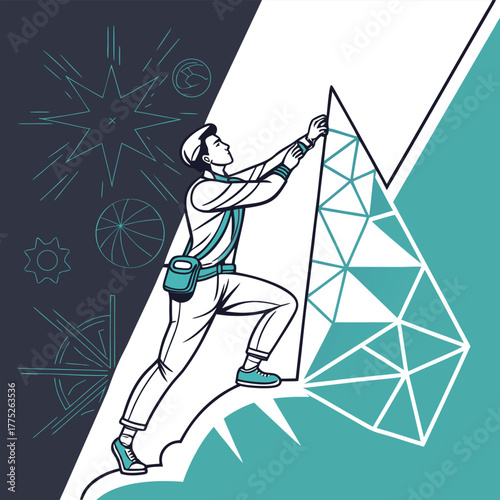 Determined climber ascends a geometric mountain peak with abstract cosmic elements in the background symbolizing ambition and achievement vector illustration of a man with a sword