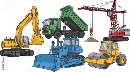 Yellow excavator on white background at construction site