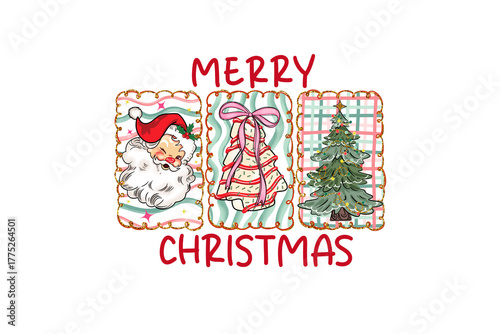 Merry Christmas gingerbread cookies with santa claus, christmas tree and gift illustration Sublimation design