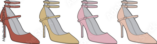 A vibrant collection of elegantly designed high-heeled women's shoes with ankle straps and pointed toes, showcased in a variety of fashionable colors for diverse styling