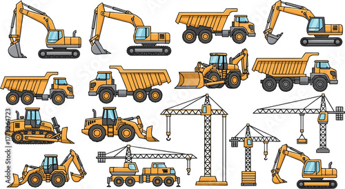 Construction equipment set with excavator and heavy machines on white background