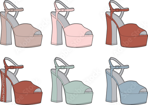 Variety of colorful platform sandals, fashion footwear for trendy summer styles, vector illustration