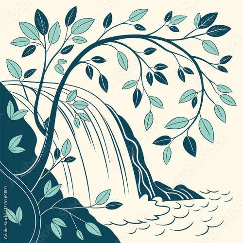 Stylized illustration of a waterfall cascading over rocks with lush green branches and leaves framing the scene on a cream abstract floral background with butterflies