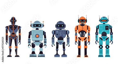 A colorful illustration of five diverse and futuristic robots, standing side by side, showcasing technological advancements.