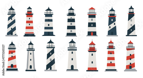 Collection of charming lighthouse illustrations in various patterns and colors, evoking a sense of maritime history and coastal serenity.