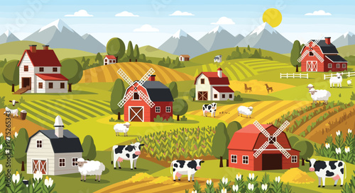 Idyllic countryside panorama featuring rolling hills, farms, windmills, houses, cows, sheep, mountains, and vibrant sunny skies.