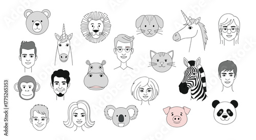 Collection of hand-drawn human and animal cartoon faces, featuring a mix of domestic and wild creatures alongside diverse individuals.