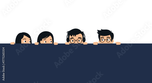 Four diverse cartoon characters peeking over a dark blue board with white background appear.