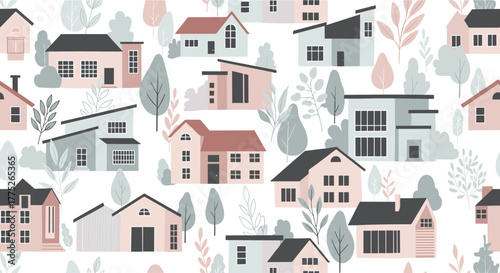 Seamless pattern of cute pastel houses and green trees creating a cozy and modern neighborhood illustration on a white background.
