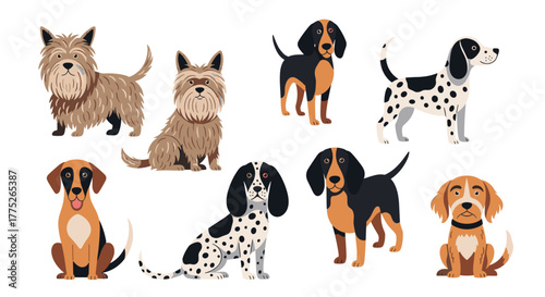 A diverse collection of cartoon dogs with different breeds and colors.