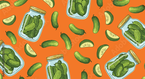 Seamless pattern illustration of green pickles and jars of pickles on an orange background evokes a tangy and briny summer flavor.