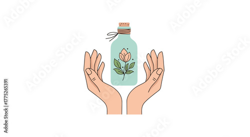 Illustration of hands gently holding a light blue bottle with a stylized pink flower and green leaves, symbolizing natural products and holistic well-being.