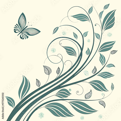 Elegant teal butterfly and swirling floral vine with leaves and small flowers on a soft cream seamless floral background
