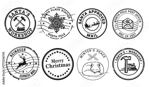 Eight black and white stamps with festive icons and postal charm