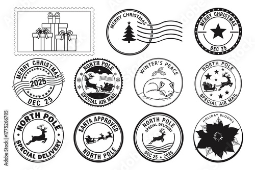 Twelve festive stamps with reindeer, gifts, foxes, and Christmas seals