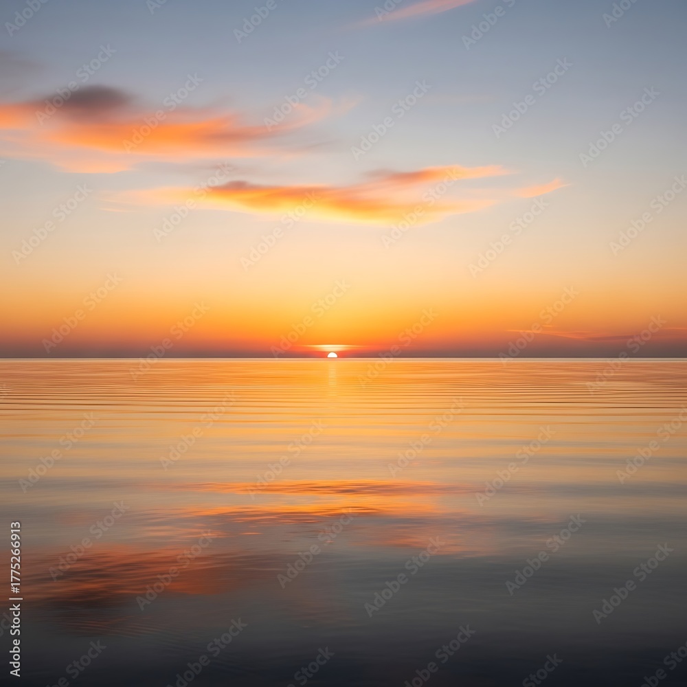 Fototapeta premium Golden Sunset Over Calm Ocean Waters with Reflective Surface and Soft Clouds.