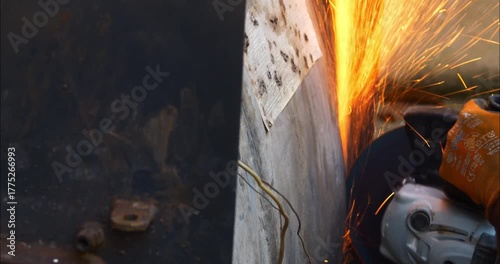 Worker or plumber using a cutting disc to cut metal