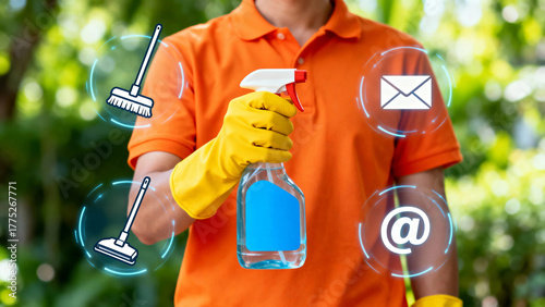 Person in orange shirt and yellow gloves holding a cleaning spray bottle with digital icons of cleaning tools and communication symbols floating around.