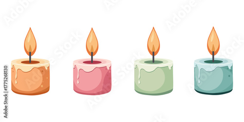Set of four candles isolated on  white background. Delicate colors, orange, pink, green and blue. Flat cartoon design in vector.