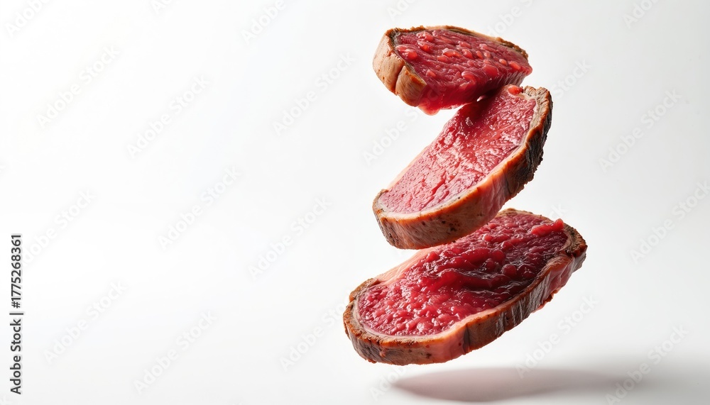 Obraz premium Raw beef steaks freeze mid air against white background. Delicious meat cuts ready for grilling. Gourmet food preparation for culinary arts, cooking, and restaurant menus.