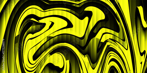 Abstract background of shiny yellow liquid gradient with dark stripes effect. Wavy striped glass refraction.