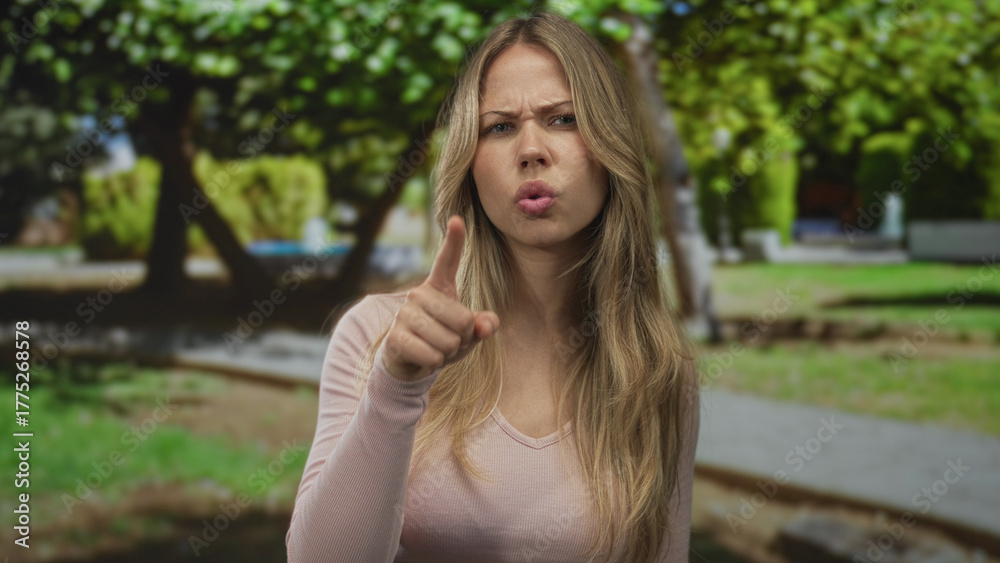 Fototapeta premium Woman points index finger forward on city park path with focused gaze and visible hand gesture; anger scolding warning.