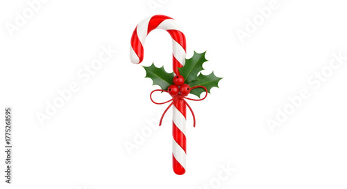 Classic red and white striped candy cane with festive holly berries and bow isolated on transparent background