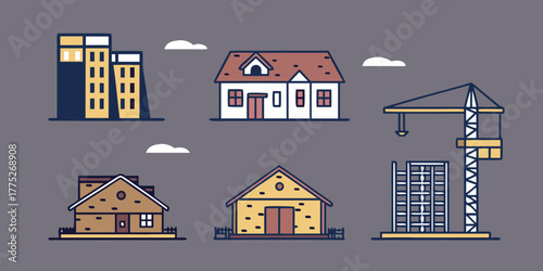 Illustration of buildings including houses, apartments, and a construction site with a crane on a gray background