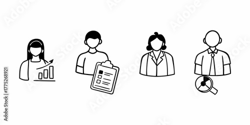 Doodle style illustration of business people with charts, clipboard and magnifying glass icons set