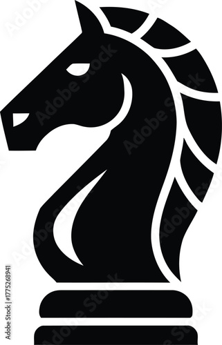 Black chess knight piece silhouette on white background Keywords: chess, knight, horse, piece