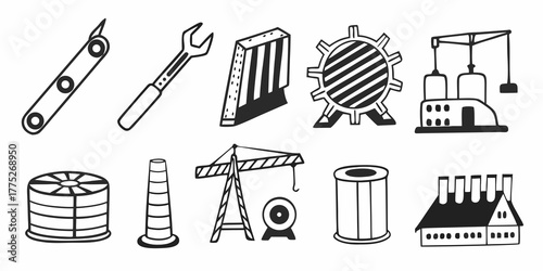 Illustration of industrial tools and structures including crane factory and various hand tools