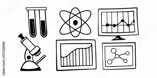 Illustration of science equipment including microscope test tubes atom and graphs on screens display